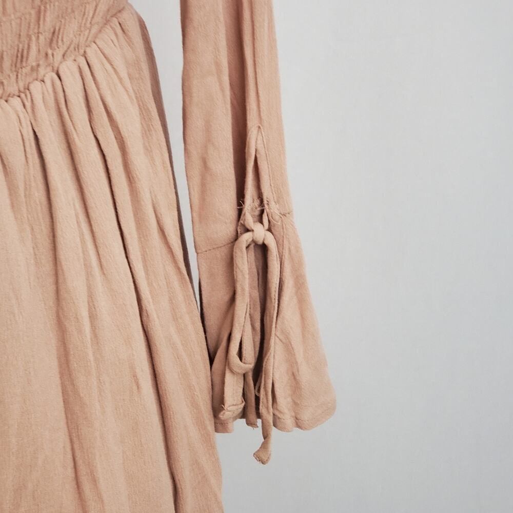 LLove Tan Shirred Smocked Peasant Mini Dress Bell Sleeve Boho Cottagecore NWT S - Picture 4 of 8